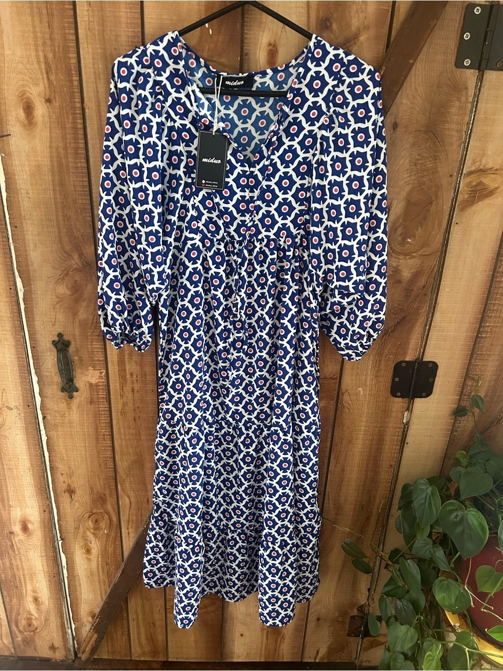 Gorgeous Navy & Coral Geometric Print, Miduo Butterfly-Sleeve, Maxi Dress, NWT S - Picture 2 of 9